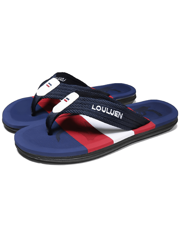 Men's Fashion Breathable Casual Beach Flip Flops SF1077 with Blue, Red, and White Design, Nylon Upper, EVA Insole
